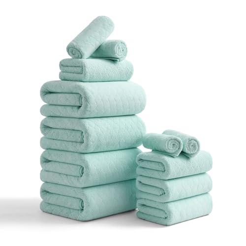 Hailea Luxury Bath Towels Set - 12 Piece (4 Large Bath Towels 4 Hand Towels 4 Washcloths) 100% Microfiber Extra Absorbent Super Soft & Quick Dry Complete Family Pack for Bathroom Gym Pool Mint Green