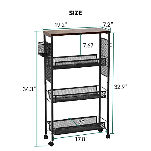 Yitahome Kitchen Cart With Wheels, 4-Tier Slim Storage Cart, Mobile Utility Cart With Wooden Tabletop And Mesh Baskets, 19.2''X 7.3''X 34.3'', Rolling Cart For Kitchen, Bathroom, Laundry Room #TOP4
