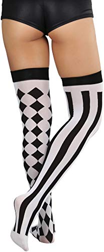 Image of ToBeInStyle Women's Harlequin Jester Thigh High Stockings Playing Card Checkered Opaque Halloween Costume Hosiery
