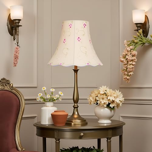 Image of Aspen Creative 34009A Transitional Bell Shape Spider Construction Lamp Shade in Apricot with Floral Embroidered Pattern and Scalloped Edge, 12 inch wide (6 inch x 12 inch x 9 1 /2 inch)