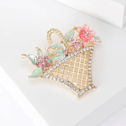Image of PINK TOWN Rhinestone Flower Basket Brooch For Women Colorful Crystal Flower Basket Brooch Pin Dainty Elegant Clothing Hat Bag Accessories Gold