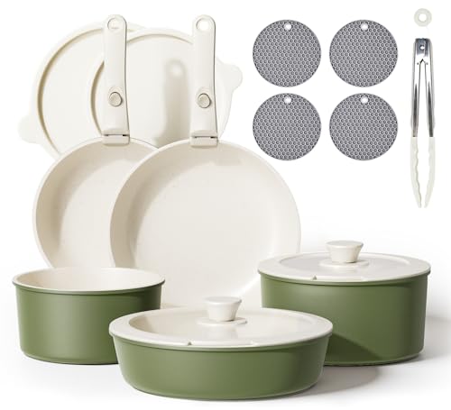 Image of Caannasweis Detachable Nonstick Cookware Set - Stackable Induction Pots and Pans With Removable Handles, Dishwasher Safe - For RV Camping, Oven and Stovetop Use, 5 Pieces (Green)