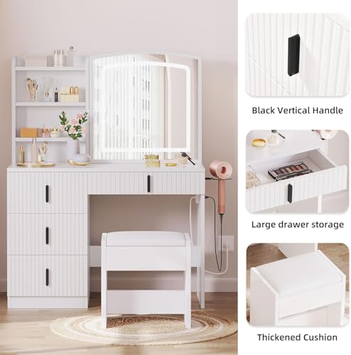 DWVO Makeup Vanity Desk with LED Lighted Mirror & Power Outlet, Fluted Large Vanity Set with 4 Drawers, 3 Color Brightness Adjustable, Lots Storage Dressing Table with Chair for Bedroom, White