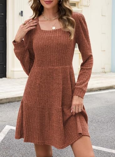 Image of QACOHU Falll Dresses for Women 2026 Crew Neck Long Lantern Sleeve Casual Loose Flowy Swing Shift Dress