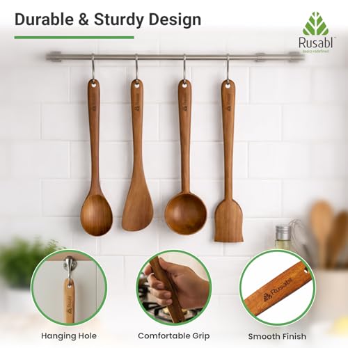 Image of Rusabl Pack of 4 Neem Wood Spatula, Spoonula, Ladle, Turner /Palta Non-Stick | Seamless Design, Heat-Resistant Cookware for Cooking, Baking, Mixing