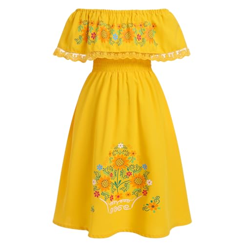 Kids Girls Mexican Dress Off-Shoulder Sunflower Print Drape Traditional Ethnic Wear Birthday Dresses