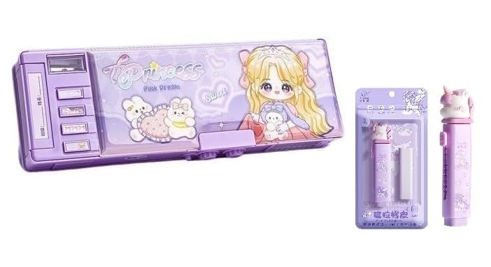 Image of Invite New Cartoon Theme Pencil Box with Push Pull Eraser Set for Kids | Suitcase Style Password Lock Stationery Organizer | School Supplies Gift Combo for Boys & Girls (Princess Compass + Eraser)