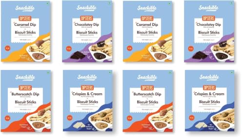 Image of Snackible Dipsters Biscuit Sticks & Dip - Assorted Pack of 8 Flavours | Chocolatey, Butterscotch, Caramel, Cookies & Cream | (Pack of 24) - 24x30gm | Baked | Healthy Dip and Biscuit Sticks | Mixed Flavors | Creamy Dips