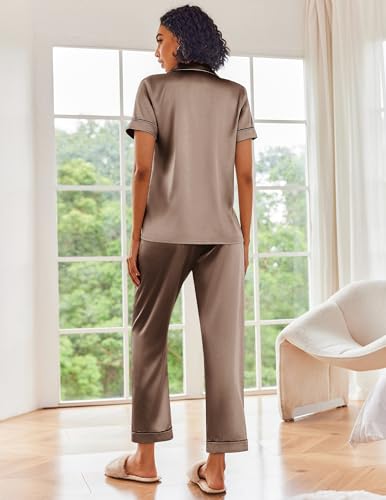 Image of Ekouaer 2 Piece Satin Short Sleeve Pajamas Set Button Down Sleepwear | Soft Pjs Set Classic Loungewear for Wedding, Party, Home, Daily Wear, Date Nights