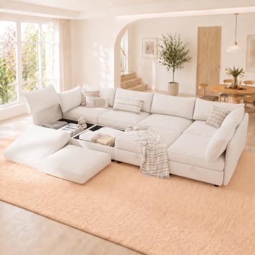 Image of 125 inch 8 Seat Modular Sectional Sleeper Sofa, Chenille Modern Modular Sofa Bed Hidden Storage, Convertible L&U Shaped Sleeper Couch with Ottoman, Couches for Living Room, Beige