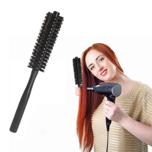 CATOR 1 pcs Brosse à cheveux ronde en poils de sanglier pour homme et femme, poils courts et fins, barbe, manche en bois naturel, taille de voyage, noir 21 cm