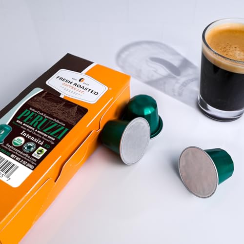 Image of Fresh Roasted Coffee, Peruzzi Italian Craft Espresso Capsules for Nespresso OriginalLine, Medium, USDA Organic, 3rd Party Tested for Mold, Mycotoxin, Pesticides, Kosher, 10 Recyclable Aluminum Capsules
