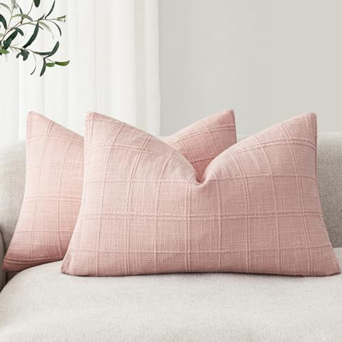 Image of Foindtower Set of 2 Decorative Linen Check Throw Pillow Covers Neutral Farmhouse Lumbar Cushion Covers Modern Boho Accent Home Decor for Sofa Chair Couch Bedroom Living Room,12x24 Inch,Light Pink