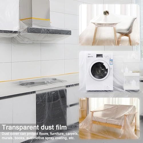 Sinzau Staubdicht Transparent Abdeckfolie mit Klebeband - 2,4m x 15m Malerfolie mit Klebeband Wasserdicht Möbelschutz Sprühfarbenabdeckung - Teppiche Schränke Sofa Haushaltsgeräte Auto