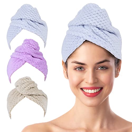 Hair Drying Towel with Button - Microfiber Hair Drying Towel, 3PC Dry Microfiber Hair Towel Wrap, Fast Drying Hair Turban Wrap Towels, Dry Hair Towel for Girls and Women (Beige+Purple+Blue)