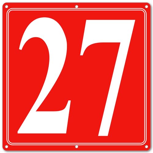 Image of Premium Aluminum Number Signs 27, Metal 12 inch X 12 inch Red Numbered Signs Outdoor for Parking Lots, Floor, Dock, Court, Aisle, Field, High Visibility, No Fade, Weather-resistant