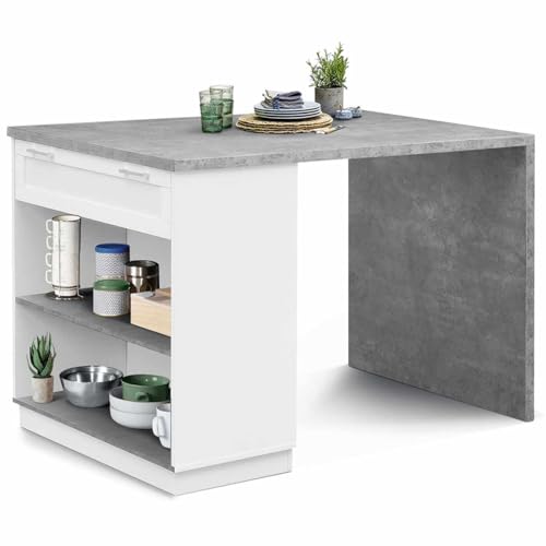 IDMarket - Ilot Central Mange Debout 4 Personnes VITO 130 cm Blanc et Plateau Effet béton