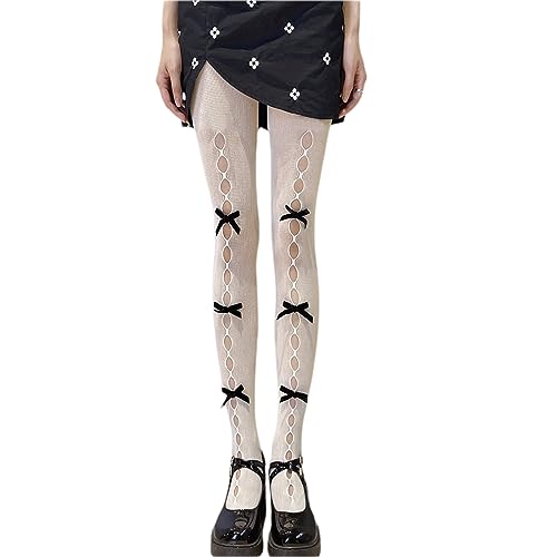 Image of SOLILOQUY Women Y2K Lolita Sheer Tights Bow Knot High Waist Footed Pantyhose Stockings See-Through Stretchy Leggings