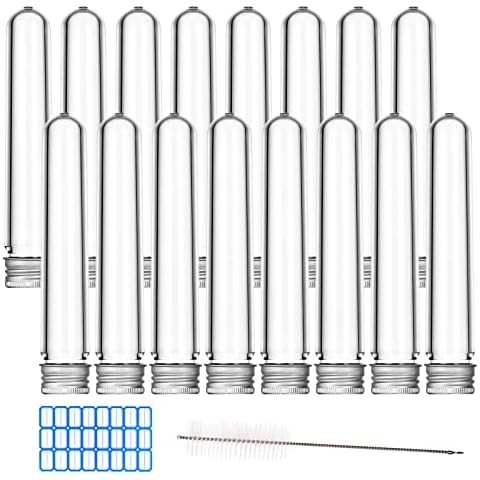 LABALPHA 16Pcs PET Plastic Test Tubes with Screw Caps for Candy Storage, Party, Bath Salt Vials, 24x138mm (30ml), Include a Test Tube Brush and Sticker Label Cover