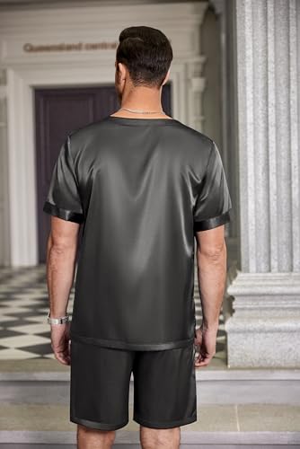 Image of Ekouaer Mens Pajamas Set Silk Satin Pjs Sets Summer Short Sleeve Button Down Sleepwear 2 Piece Loungewear with Pockets
