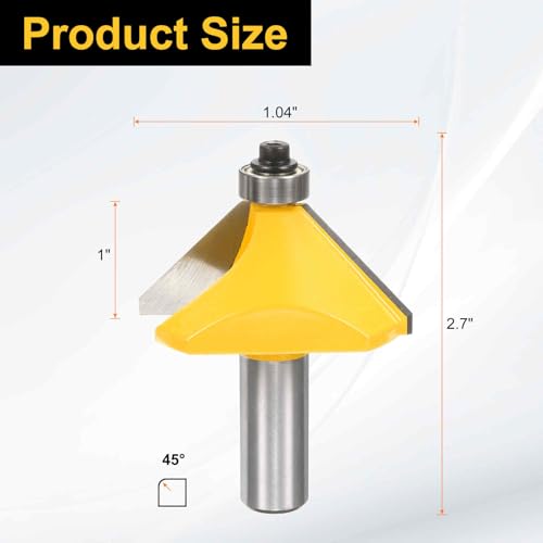 Image of HARFINGTON 45 Degree Chamfer Router Bit 1 /2 Inch Shank 1 /2 inch Cutting Edge Carbide Tip with Bearing for Woodworking Milling Cutter Tool, Yellow