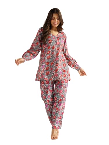 Image of DHRUVI TRENDZ Co Ord Set for Women Stylish | Ethnic Cotton Casual Cord Set | Stylish Summer Kurta & Pant Set | Casual Daily Outfit Night Suit for Women | Full Sleeve Top with Relaxed Fit Trousers