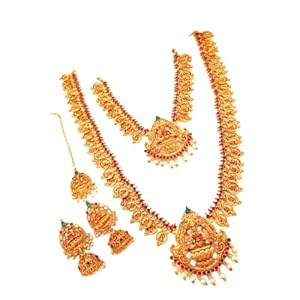 Adyashree Emporium Ruby & Emerald, pearl based mango design Gold plated south Indian Wedding Traditional temple jewellery set. Latest fashion full Combo for Girls (Latest Mohanmala rani haar) 44 41gGJciWosL. SL500 . SS300
