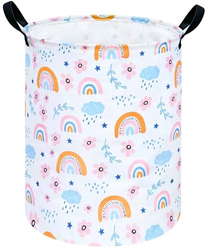 Image of Rainbow Print Round Laundry Hamper Storage Basket Bins Clothes Nursery Hamper for Home, Gift Storage Bins with Handles