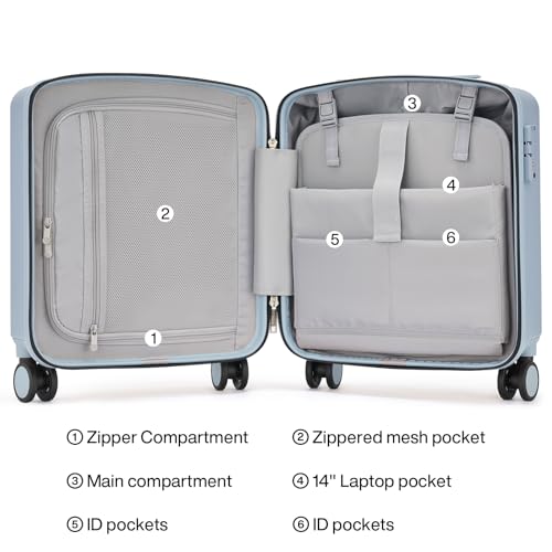 Image of Hanke 16 Inch Underseat Small Carry On Luggage, Hard Shell with TSA Lock | PC Hard Shell, 14 inch Padded Laptop Pocket, Multi-Compartment, 8 Spinner Wheels, Lightweight, Short Trip