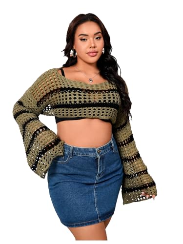 Image of Floerns Women's Plus Size Boat Neck Long Sleeve Hollow Out Crochet Cropped Sweater
