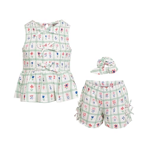 Vince Camuto Clothes Girls’ 2-Piece Woven Short Outfit Set – Coordinating Top & Shorts for Toddler Girls (12M) - White/Green