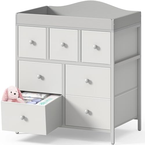 Image of BOLUO Changing Table Dresser with Storage, Baby Dresser with Changing Table Top Diaper Changing Station with 7 Fabric Drawers for Nursery Modern