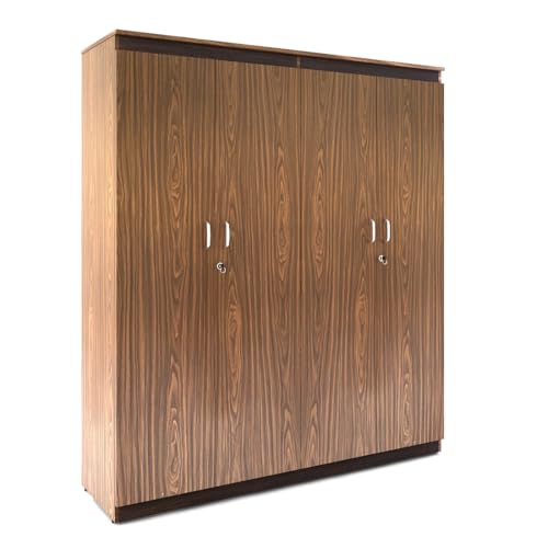 Image of Coral 4 Door Wardrobe | Engineered Wood | Mexican Walnut Finish | Hanging Rods, Shelves | Modern Storage Solution for Bedroom | Knock-Down Assembly | 3-Year Warranty