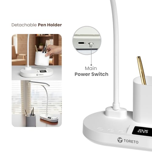Image of Toreto London Smart LED Desk Lamp with Digital Clock, 45-Min Timer, 3 Light Modes, Detachable Pen Holder, Touch Control, Type-C Charging, ABS Body (White)