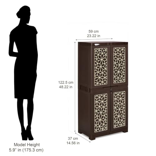 Image of Nilkamal Freedom FMM Star Plastic Wardrobe | 4-Shelf Storage Cupboard with Doors | 3-Year Warranty|Clothes Organizer|Almirah|for Home, Living Room, Bed Room|Adult & Kids| Weather Brown /Biscuit