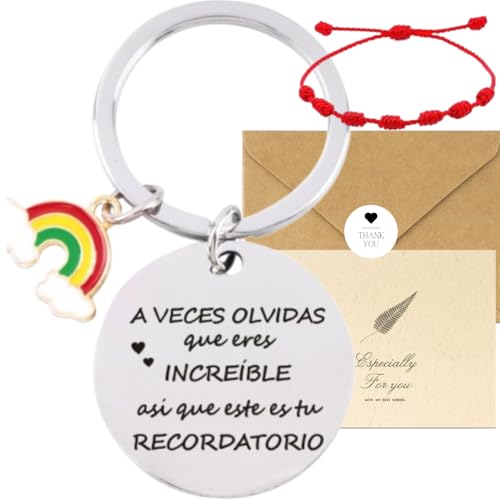 Genérico Regalos Originales para Amigas, Hombre, Mujer. Llavero Motivador, Tarjeta de Felicitación, Pulsera Roja 7 Nudos. Regalo de cumpleaños.