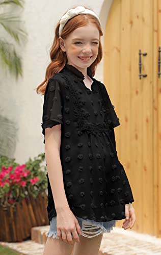 Girls Cute Dot Chiffon Blouses Short Sleeve V Neck Loose Shirts Soft Casual Summer Tops 4-5T S-Black #TOP2
