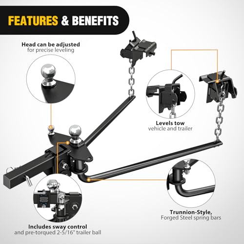 Image of Nilight 1200 lbs Round Bar Weight Distributing Hitches Kit with Interchangeable Spring Bars and Sway Control, 2-in Solid Steel Shank, 2-5 /16 in Alloy Steel Ball