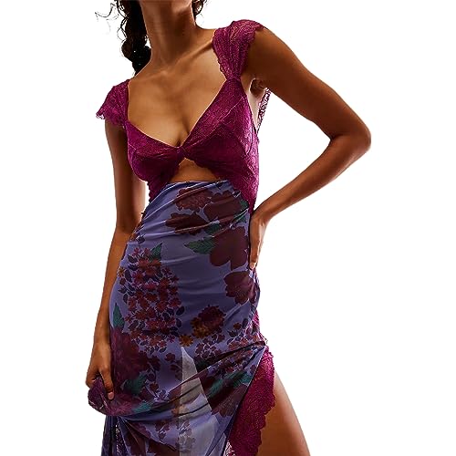 Image of Women Sexy Lace Patchwork Mesh Dress Floral Print Cutout Sweetheart Neck Backless Slit Summer Maxi Dress