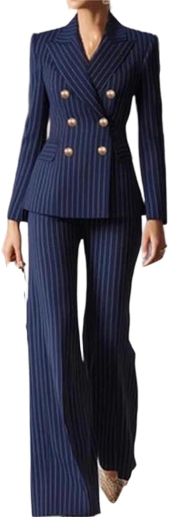 Women Fashion Autumn Winter Pant Suit Striped Business Work Jacket Blazer Trouser Formal 2 Piece Set