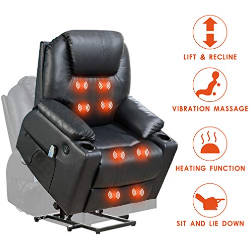 Image of BestMassage Electric Power Lift Chair Recliner Sofa for Elderly Massage Chair, Adjustable Furniture with Vibration Massage and Lumbar Heated,Remote Control,USB Ports for Living Room (Black, Leather)