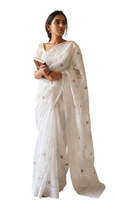 nayryn creation Women’s Soft Organza Embroidery Work Saree with Unstitched Blouse Piece | Elegant Designer Organza Saree for Wedding, Party, Festival & Traditional-picture-41