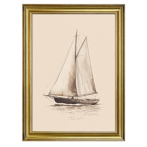 VIOLABBEY Framed Sailboat Wall Art, Gold Framed Vintage Sailboat Sketch Canvas Print, Nautical Wall Decor for Living Room Bedroom Office, 12x16 inch