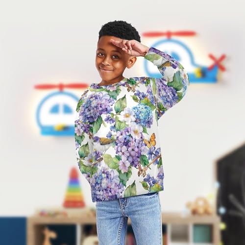 JUNZAN Watercolor Spring Flowers and Birds Blue Little Kids Sweatshirts Hoodies Fleece Outerwear for Kids Sports 4T4