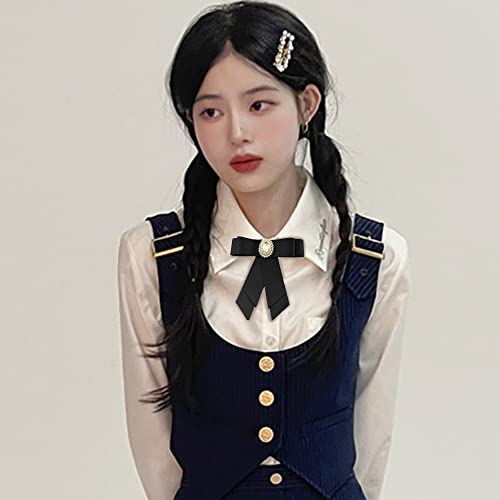 Image of Crystal Big Bowknot Ribbon Pre-tied Bow Neck Tie Brooch Lapel Pins for Women Girls Elegant Pearl Oval CZ Suit Shirt Collar Tie Corsage Accessories Clothes Jewelry Party Banquet Birthday Gifts