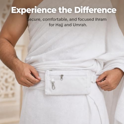 Image of Ihram Ahram Belt for Men | Hajj Umrah Bag | White Polyester Waterproof | 3 Pocket Zipper | Adjustable Strap | Fits Waist Size 28 to 42 | Nafeed