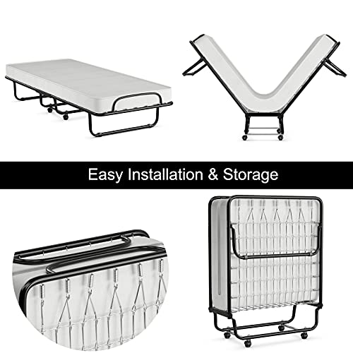 Folding Bed Rollaway Bed Folding Metal Bed Cot-size vouwbed met wielen, 75"x 31" Heavy Duty Guest Bed - Afbeelding 4