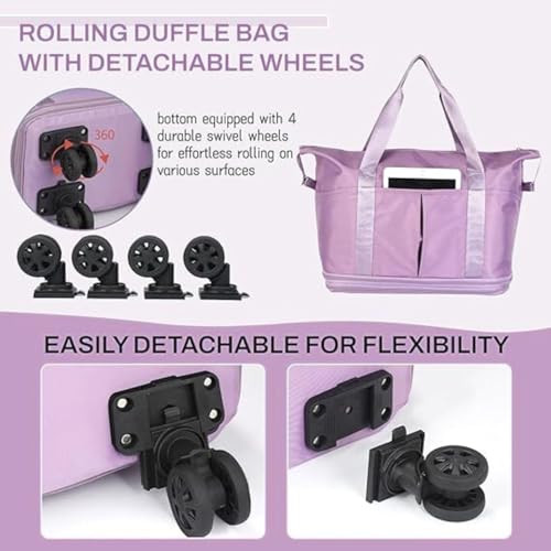 Image of Rolling Duffle Bag with Wheels, Expandable Foldable Travel Duffle Bag with Telescopic Handle, Portable Wheeled Luggage Bag for Travel, Lightweight Foldable Suitcase Bag for Men & Women (Purple)