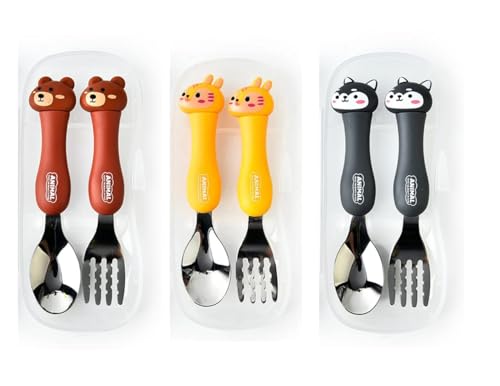 Image of Travel Spoon Fork Set for Kids, Premium Stainless Steel 1 Baby Spoon & 1 Fork Set for Kids with Travel Case, Stainless Steel Spoon and Fork Set, Food Grade PP Spoon (Random Design, Green)