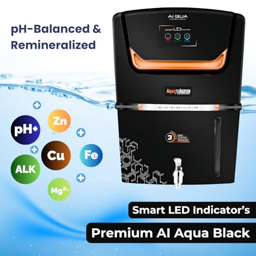 Image of Aqua X Pure Ai Black Premium RO Domestic Water Purifier | 5in1 Health Booster | RO+ UV+ UF+ MinLx+ High TDS Membrane+ TDS | Smart LED Indicator | Engineered for all Water Supply (0-3000ppm)